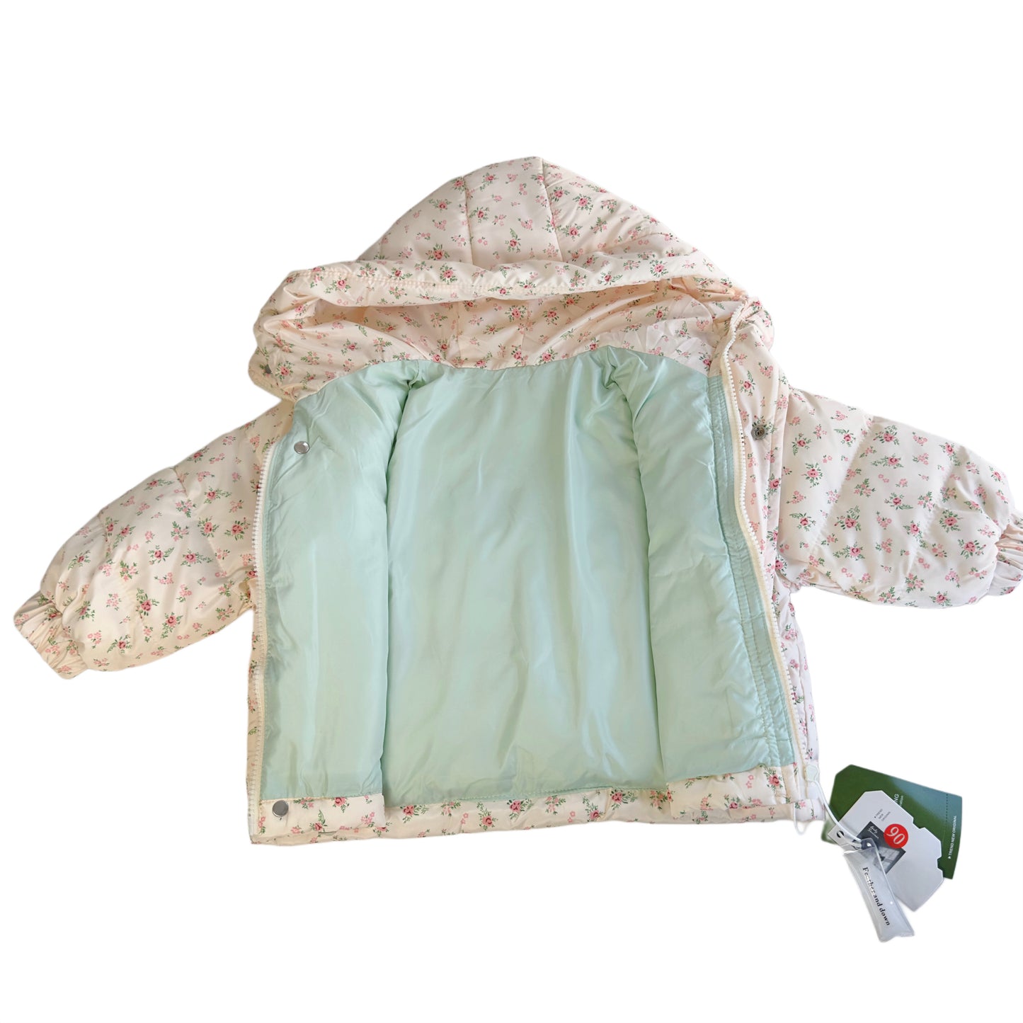 Parka acolchada para niña con capucha y estampado floral – 86-90% plumón de ganso