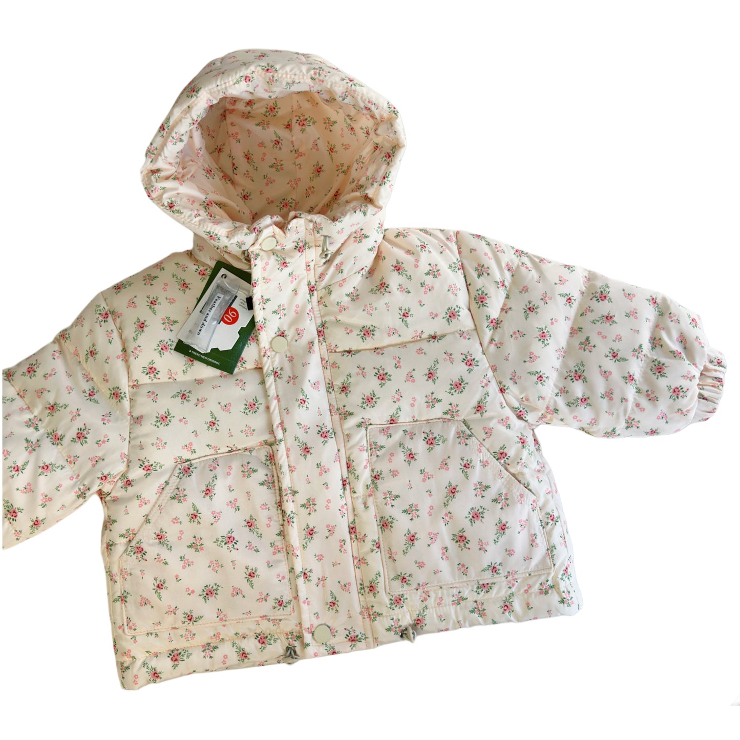 Parka acolchada para niña con capucha y estampado floral – 86-90% plumón de ganso