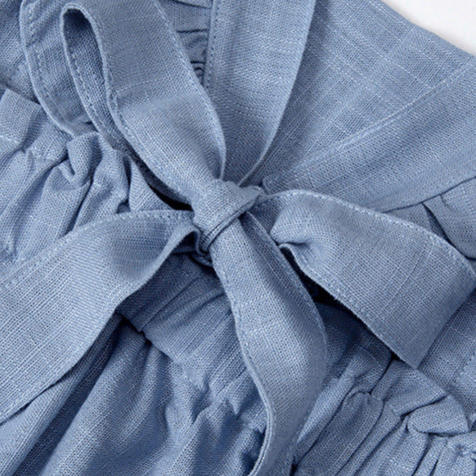 Vestido de lino con vuelos — blanco o celeste