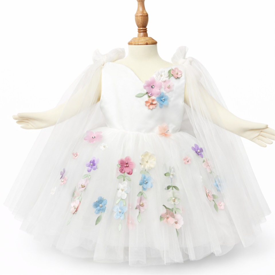 Vestido de niña de tul con flores bordadas – Blanco