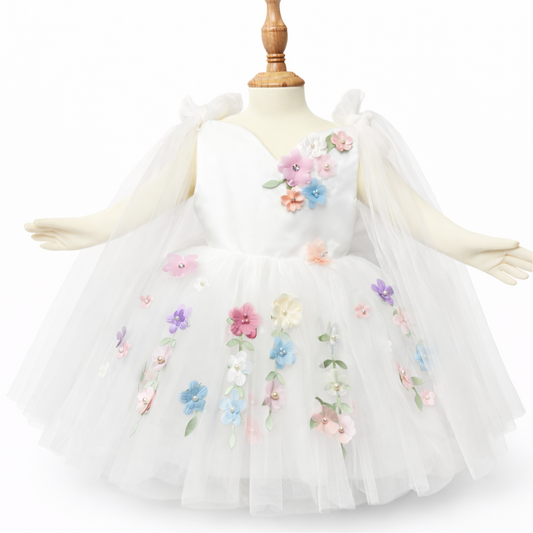 Vestido de niña de tul con flores bordadas – Blanco