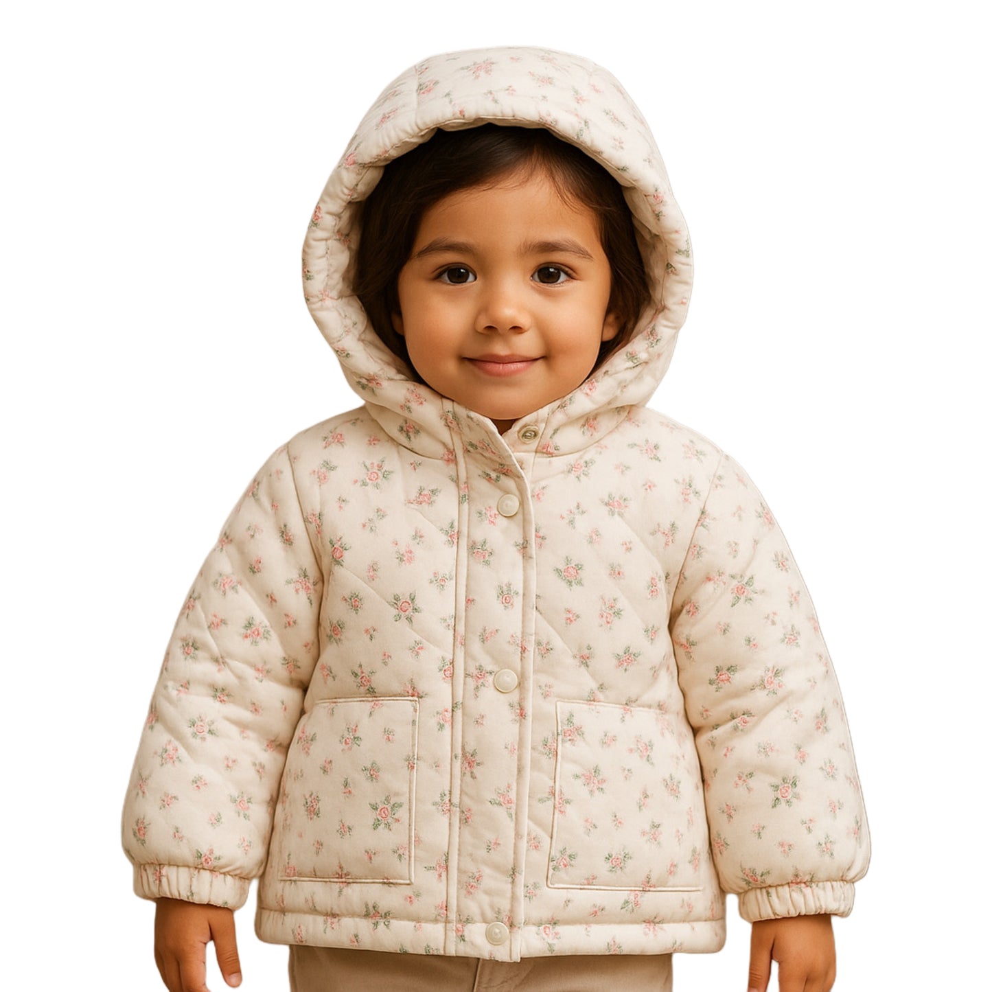 Parka acolchada para niña con capucha y estampado floral – 86-90% plumón de ganso