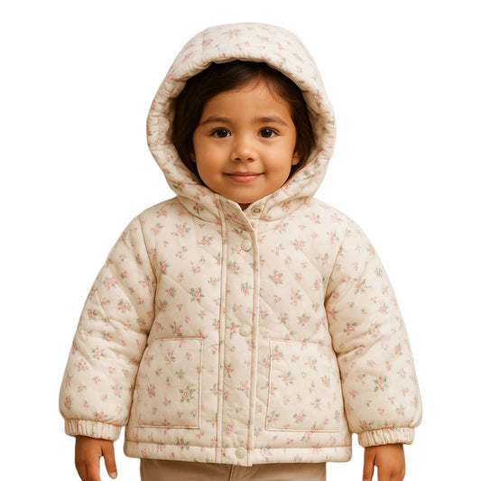 Parka acolchada para niña con capucha y estampado floral – 86-90% plumón de ganso