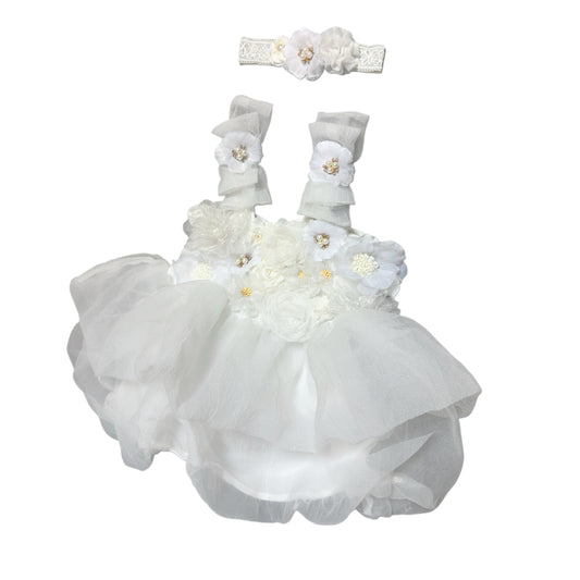 Vestido de fiesta con flores en relieve y bordado a mano